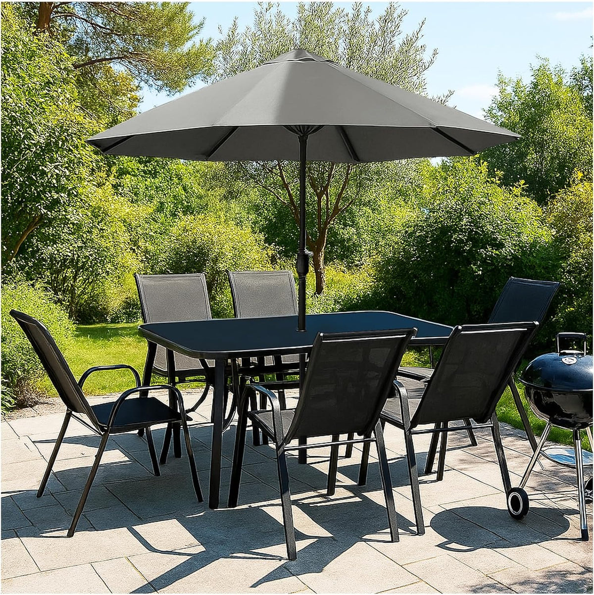 Gartenmöbel Set 8 teilig für 6 Personen - Essgruppe mit Sonnenschirm und Tisch mit Glasplatte - Stapelbare Stühle wetterfest - Schwarz