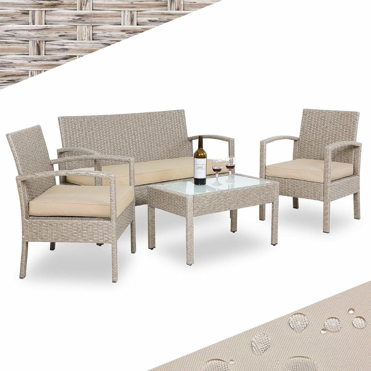 Casaria Polyrattan Gartenmöbel Set für 4 Personen - Outdoor Lounge mit 2 Sesseln Gartenbank und Tisch - Wetterfeste Sitzgruppe mit Auflagen - Creme