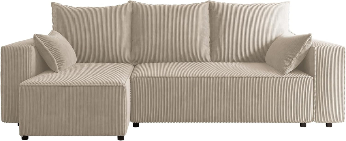 Ecksofa Tobi mit Schlaffunktion - 246 x 145 x 85 cm für 3 Personen - Cord Poso 100 Beige mit Bettkasten - L Form Schlafsofa für Wohnzimmer