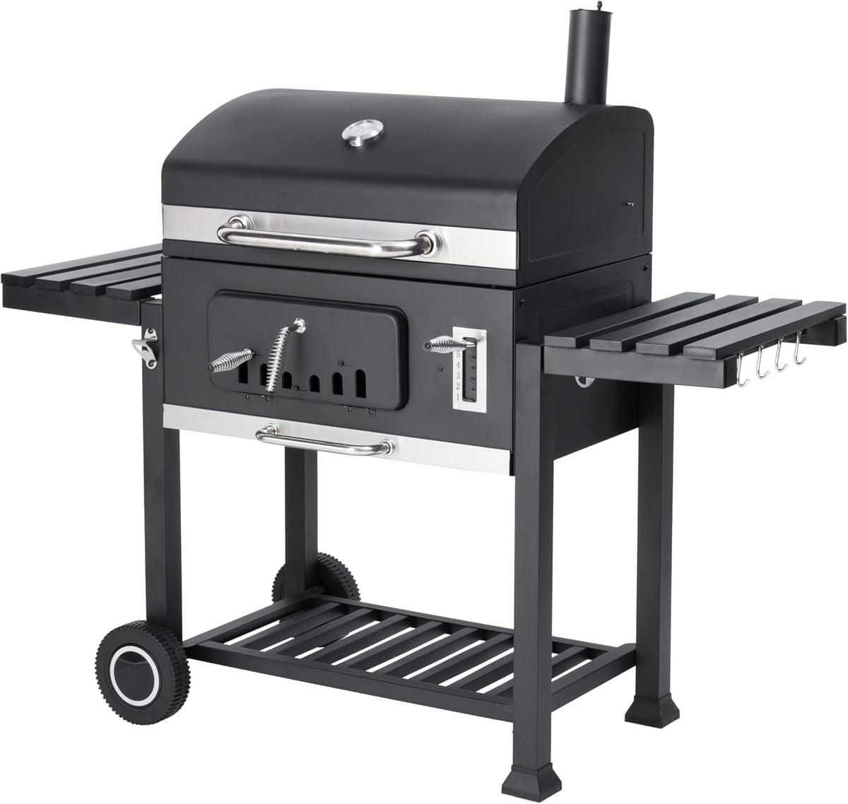 Holzkohlegrill 153 x 71 x 136 cm - schwarzer Stahlgrill mit Deckel - integriertes Thermometer und Ablagetische - fahrbare Konstruktion für den Garten