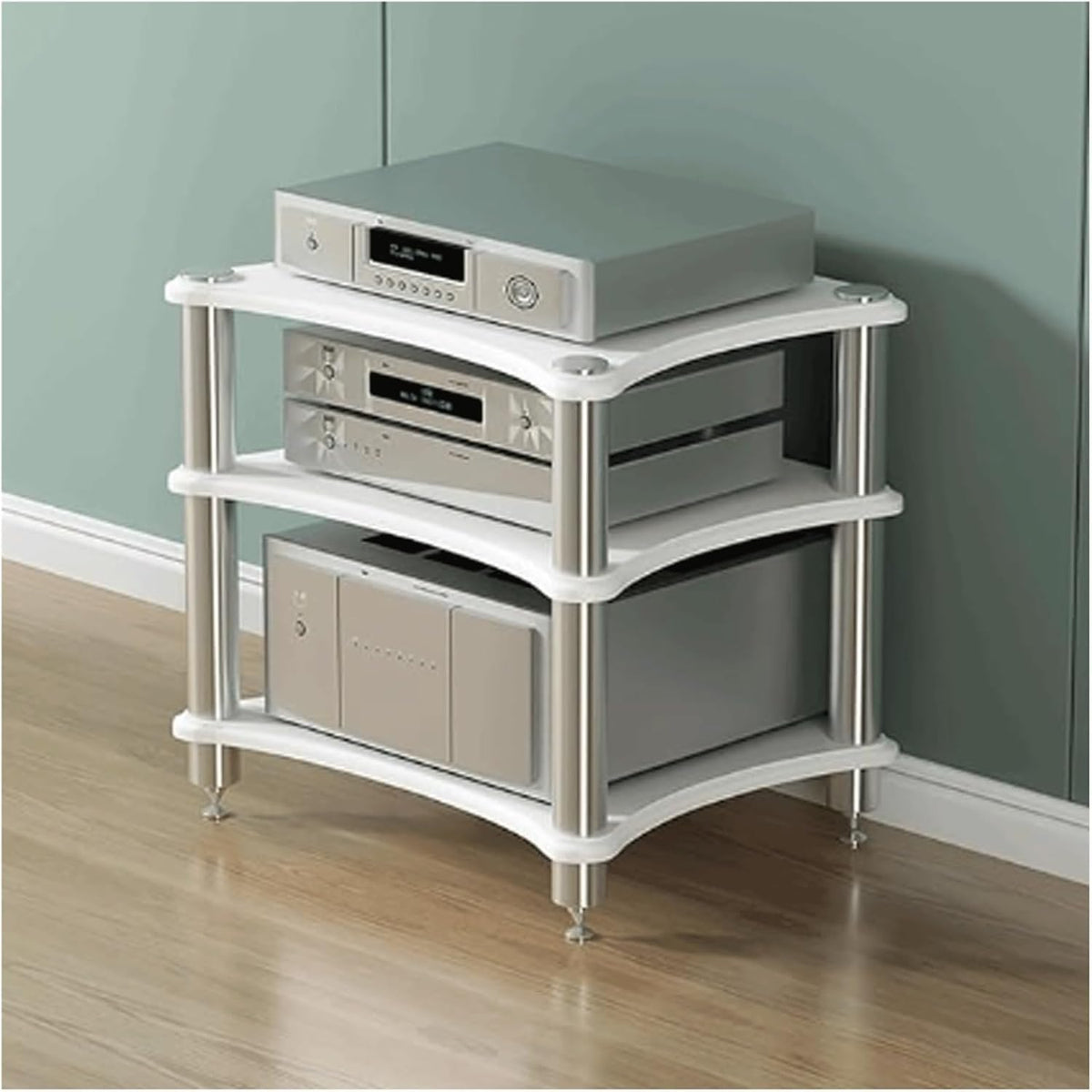 Audio Rack Ständer 60 x 48 x 62 cm - MDF Holz Medienständer mit offenem Design - Mehrstufiges Audio Video Regal - Weiß