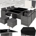 tectake Polyrattan Gartenmöbel Set - Sitzgruppe für bis zu 10 Personen - 6 Stühle Tisch mit Glasplatte und 4 Hocker - Klappbares Gartenlounge Set Grau