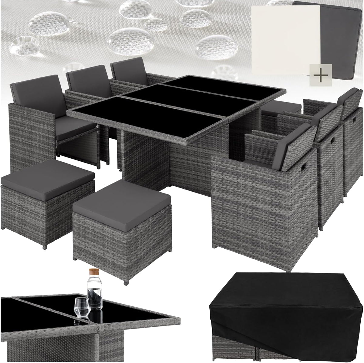 tectake Polyrattan Gartenmöbel Set - Sitzgruppe für bis zu 10 Personen - 6 Stühle Tisch mit Glasplatte und 4 Hocker - Klappbares Gartenlounge Set Grau