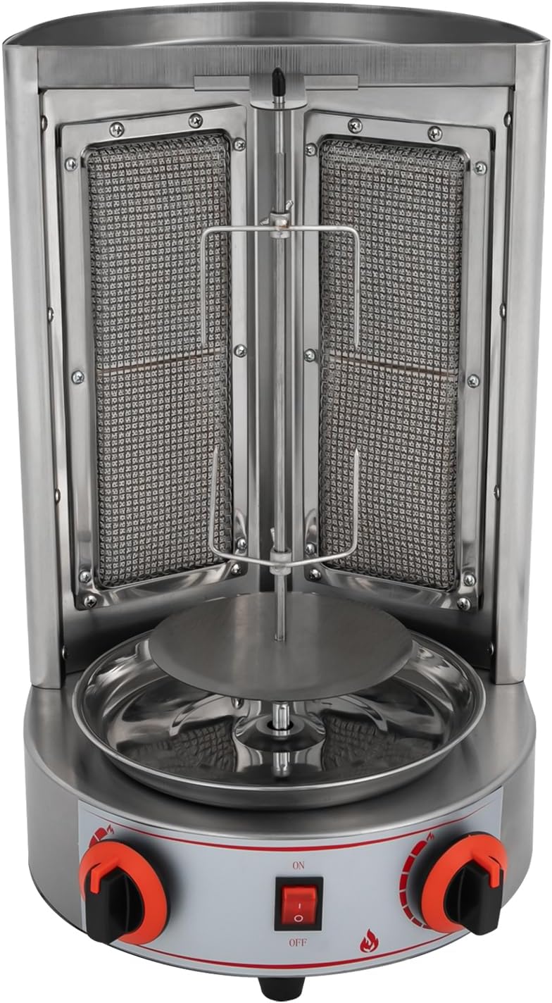 Dönergrill Vertikalgrill für bis zu 8 kg - Elektrische Drehfunktion für Döner Gyros und Hähnchen - Schaschlikgrill für BBQ Anwendungen - Silber 32 x 32 x 48 cm