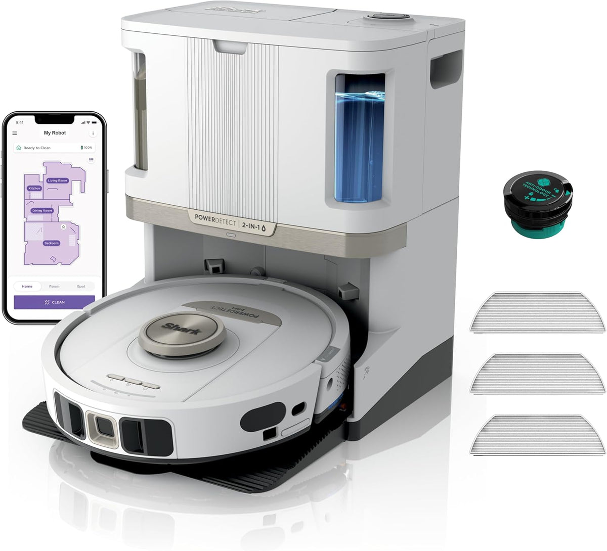 Shark PowerDetect AV2800ZEEUWH Saug und Wischroboter - NeverTouch Pro mit 60 Tage Selbstentleerung - 3D LiDAR Navigation und NeverStuck - App Steuerung Weiß