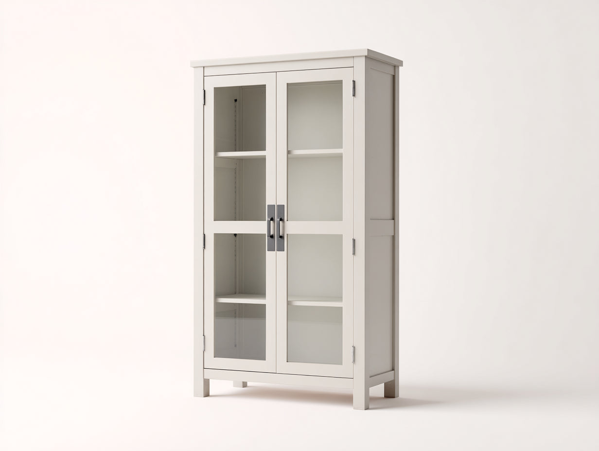 Vitrinen aus Holz und Glas 90 x 42 x 175 cm - Cremeweiß - 2 Glastüren mit Einlegeböden und Metallgriffen