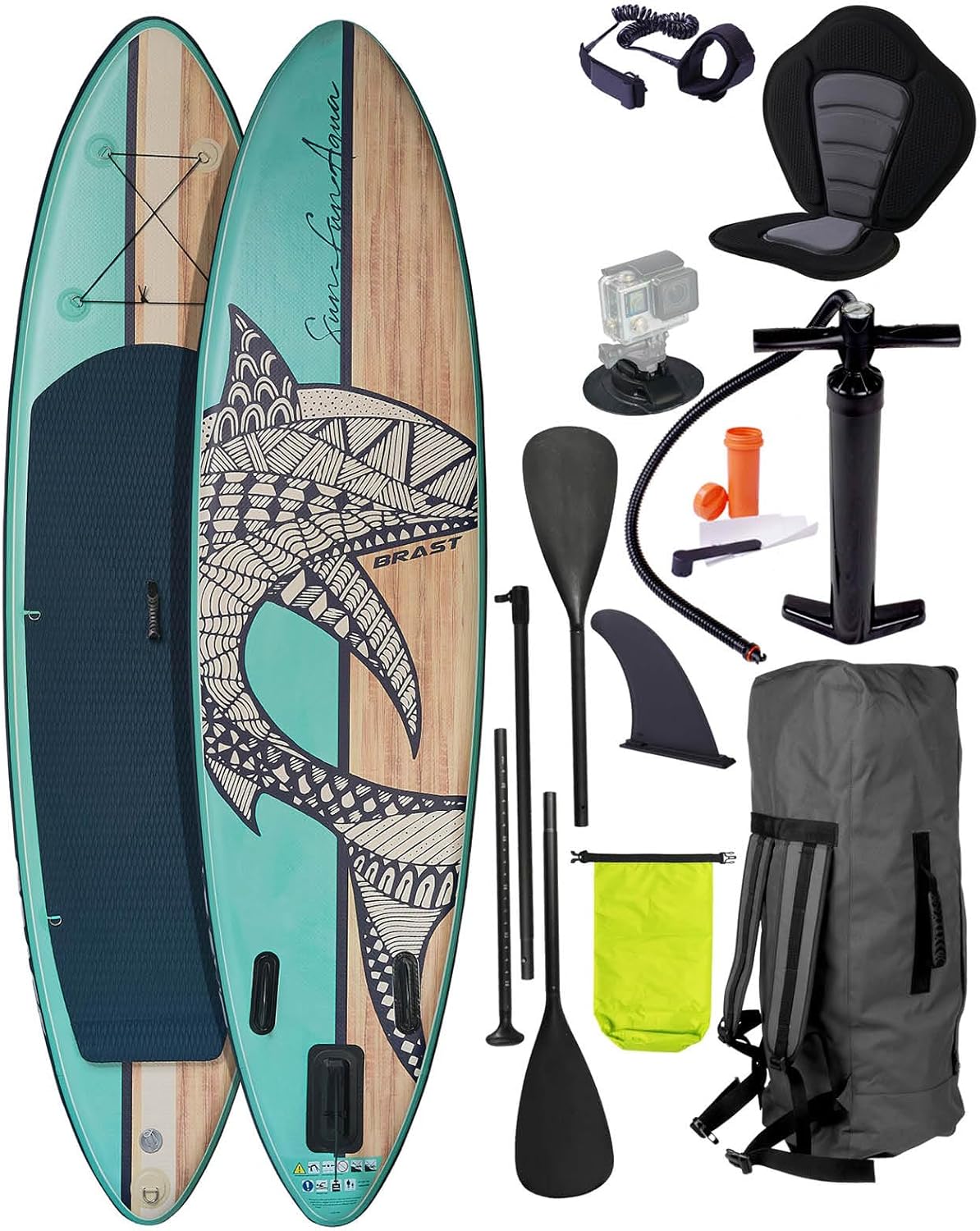 BRAST Retro SUP Board 320 x 81 x 15 cm - Aufblasbares Stand Up Paddle aus PVC - 2 in 1 Paddel und Kajaksitz - Pumpe Rucksack Action Cam Halterung Natural