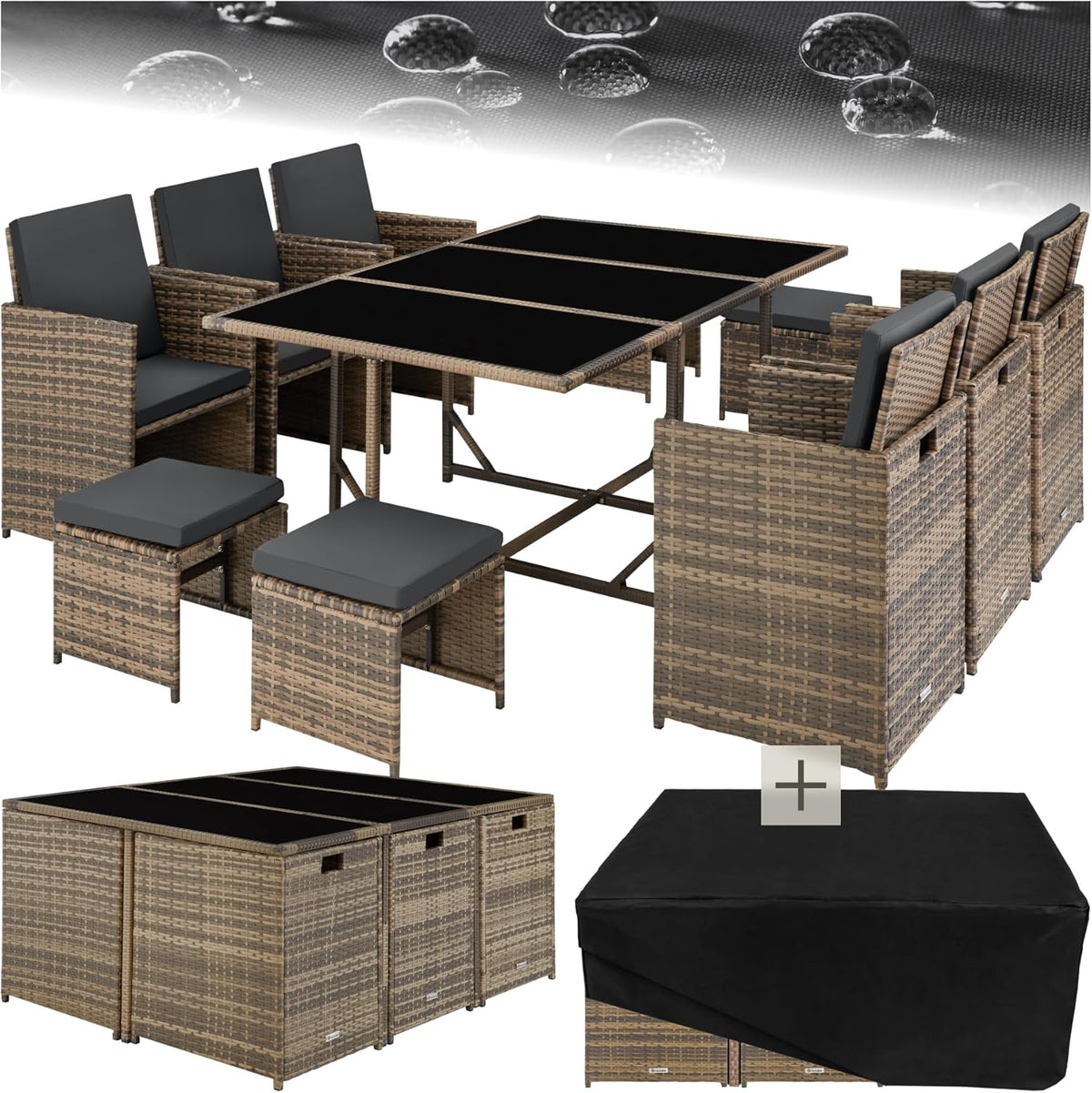 tectake Poly Rattan Gartenmöbel Set - Lounge mit 6 Stühlen 4 Hockern und Tisch - Wetterfest und platzsparend - Outdoor Sitzgruppe Natur