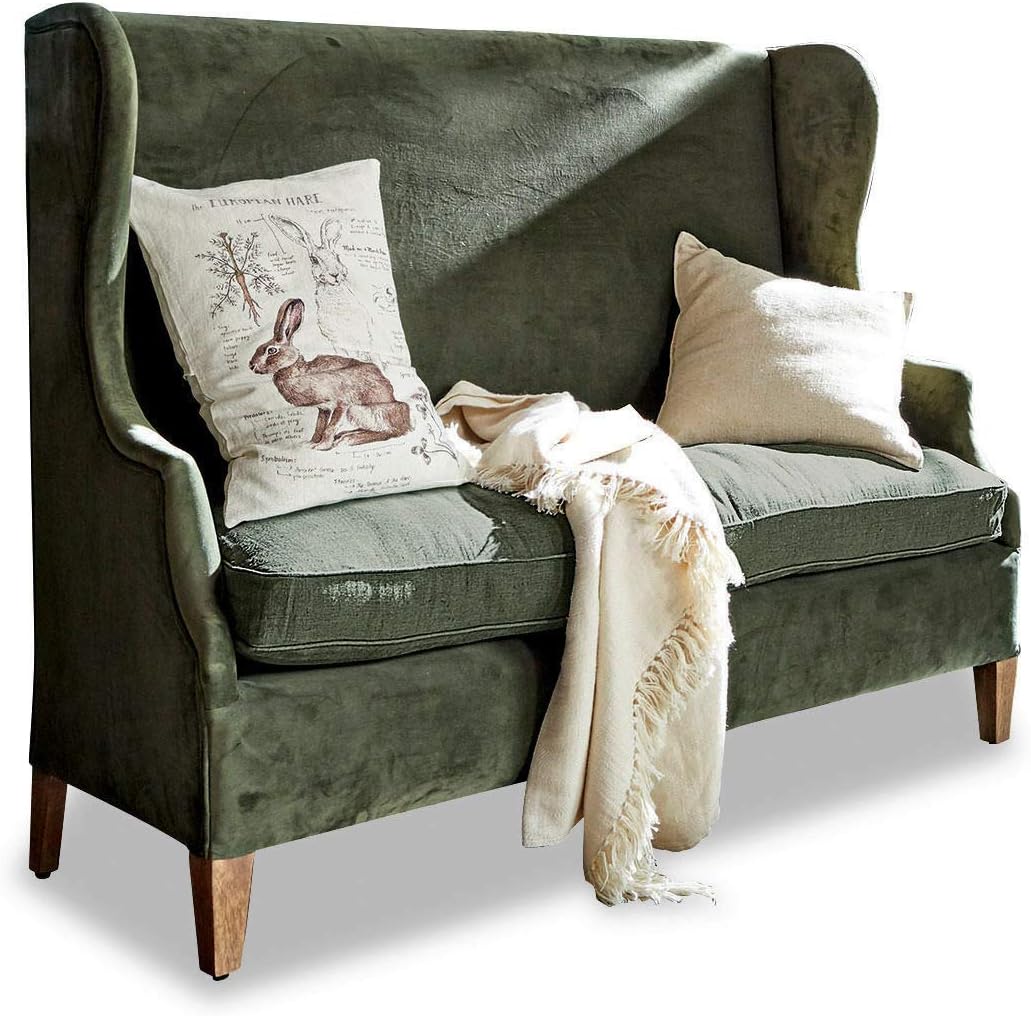 Loberon Sofa Ombra - Sofa im klassischen Ohrenbacken Stil - Mangoholz Polyestersamt und Leinen Materialmix - Landhaus Design Antikgrün