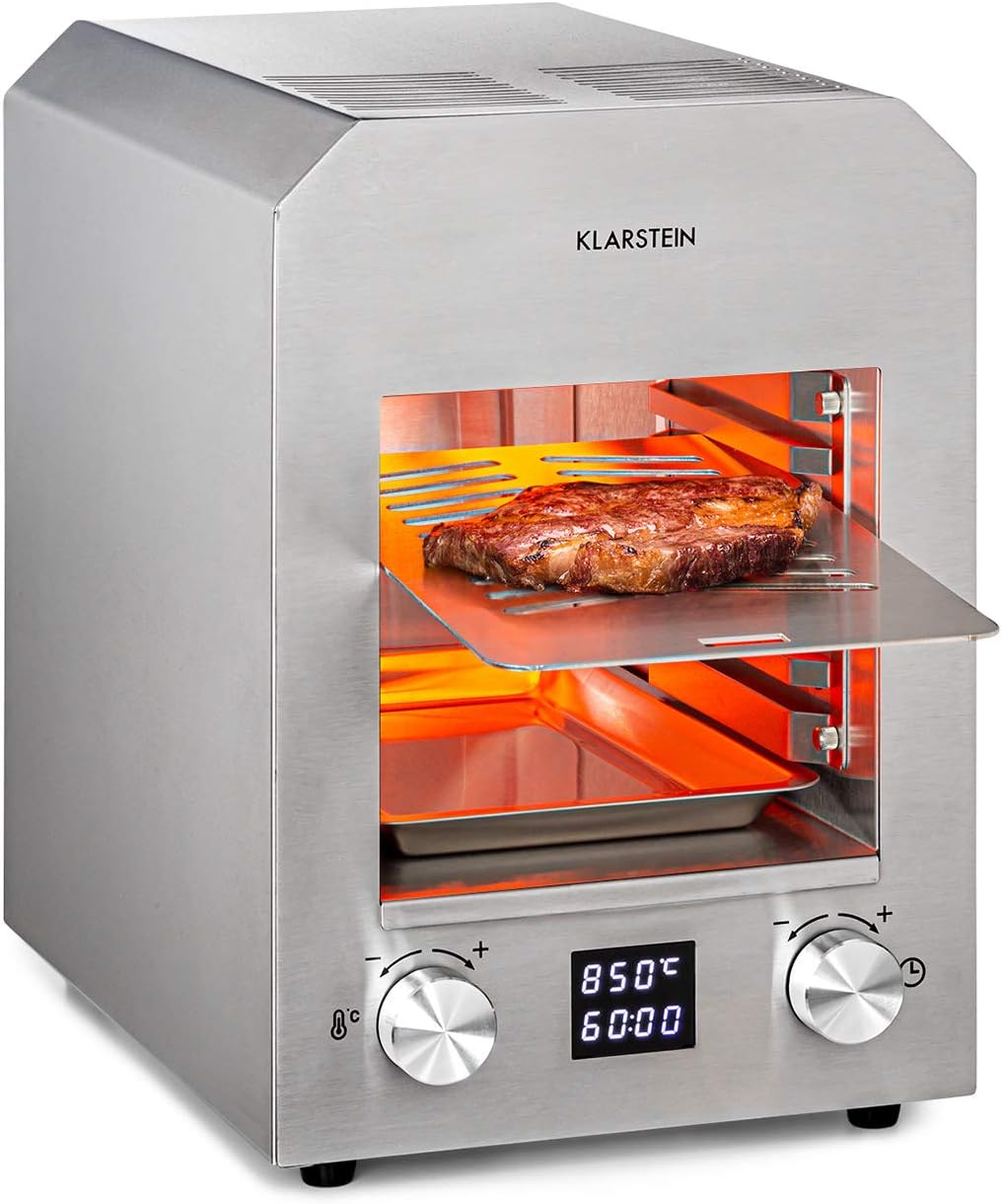 Klarstein Hannibal Hochtemperaturgrill 2200 W - Infrarot Heizelement mit CharForce System - 200 bis 850 Grad Temperaturbereich - LED Display und Timer Silber