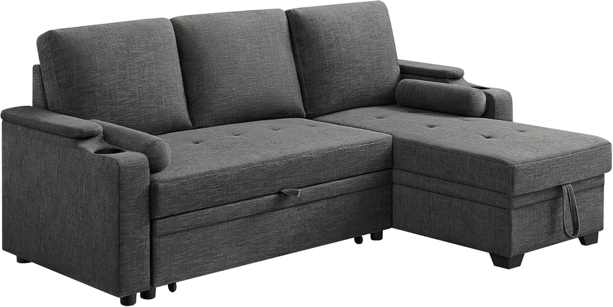 VASAGLE Schlafsofa mit Stauraum für 2 Personen - Baumwoll Leinen Mischgewebe mit Becherhalter - Bettsofa für Gästezimmer Wohnzimmer - Grau