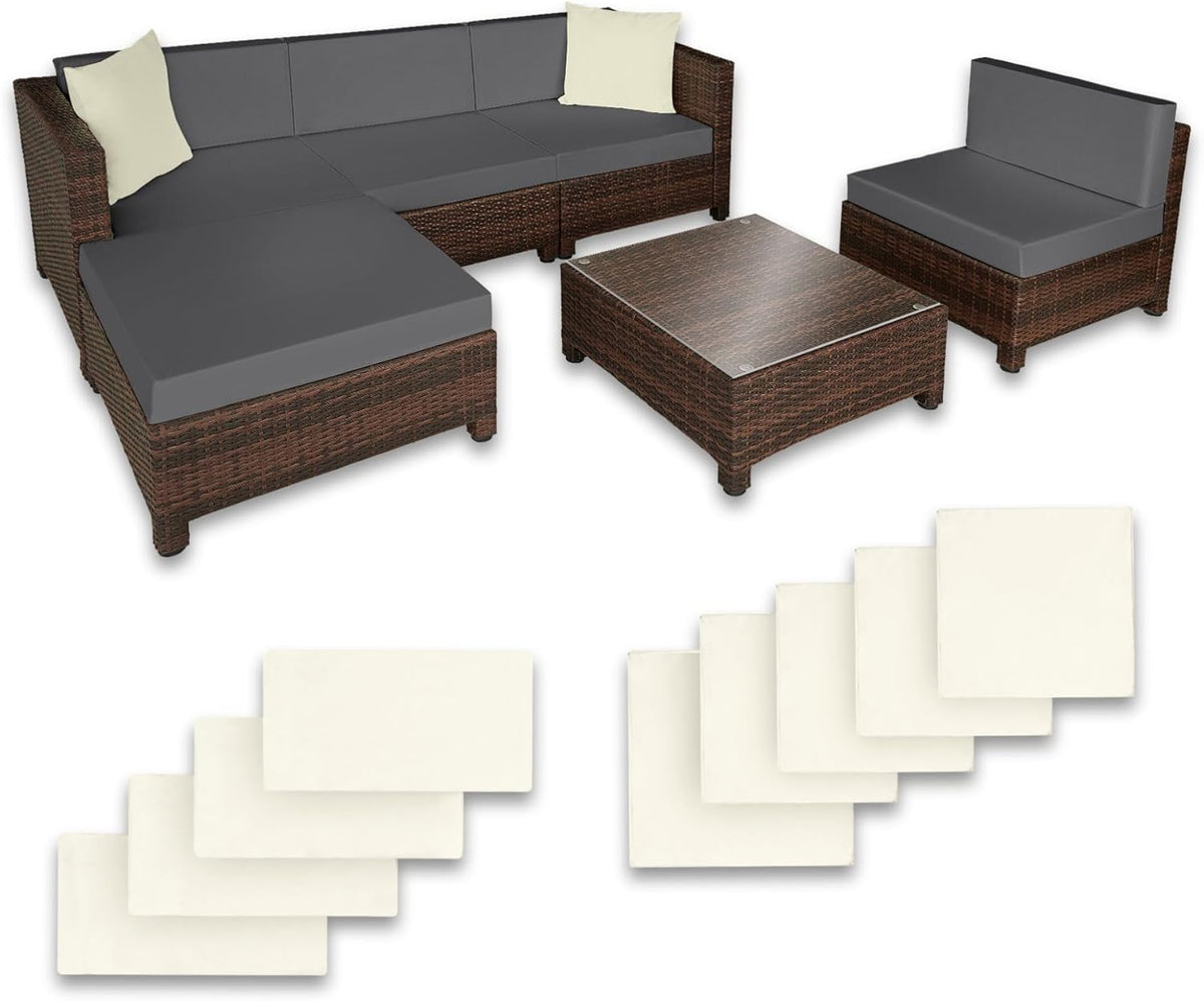 tectake Poly Rattan Gartenmöbel Set für 5 Personen - Lounge mit Aluminium und 10 cm Polsterung - 2 Sessel 2 Ecksessel Tisch Hocker - Schwarz Braun