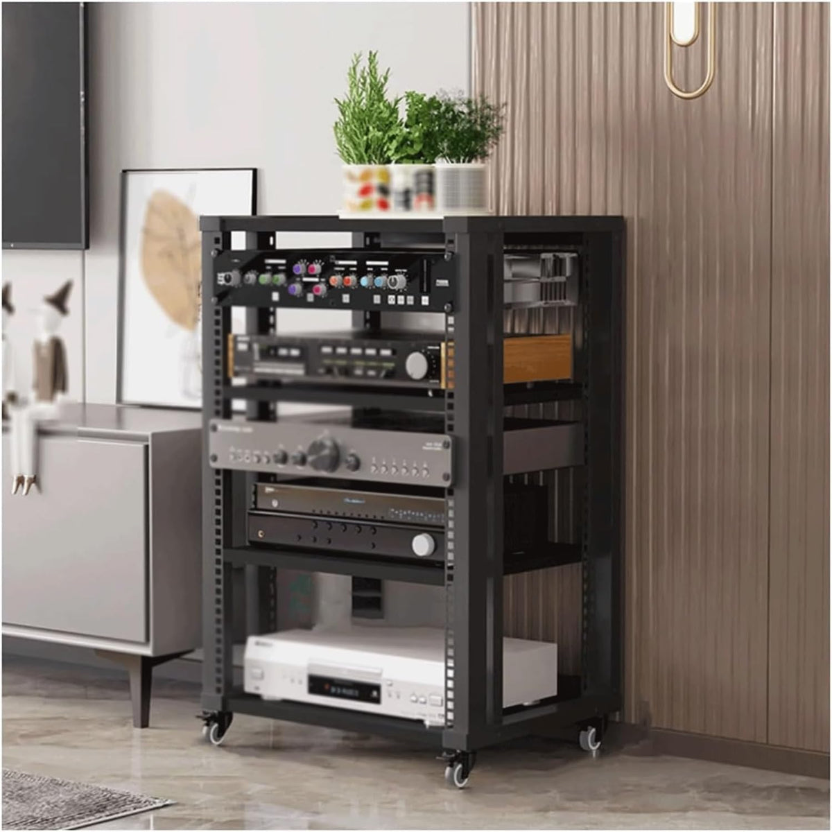 Audio Rack Schrank - 4 Ebenen aus Holz - Schwarzer offener Medienständer mit verstellbaren Regalböden - Stereo Audio Video Turm für Zuhause Büro
