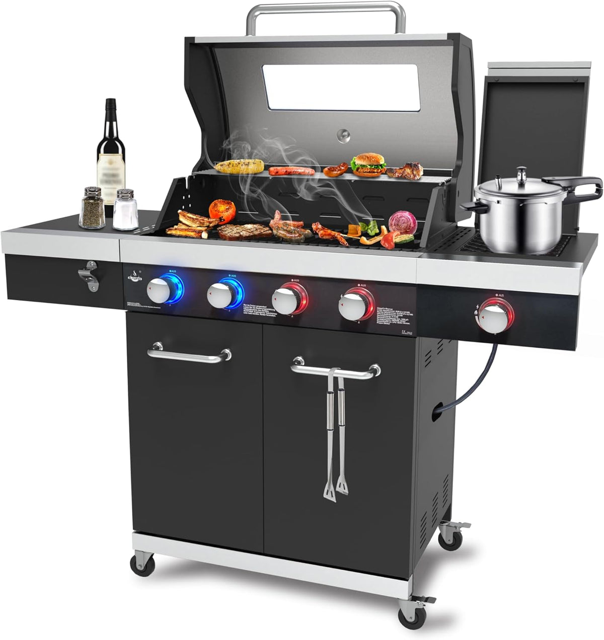 El Fuego Kingston Gasgrill - 4 plus 1 Brenner mit Infrarotbrenner - LED Beleuchtung und Sichtfenster Silber Anthrazit