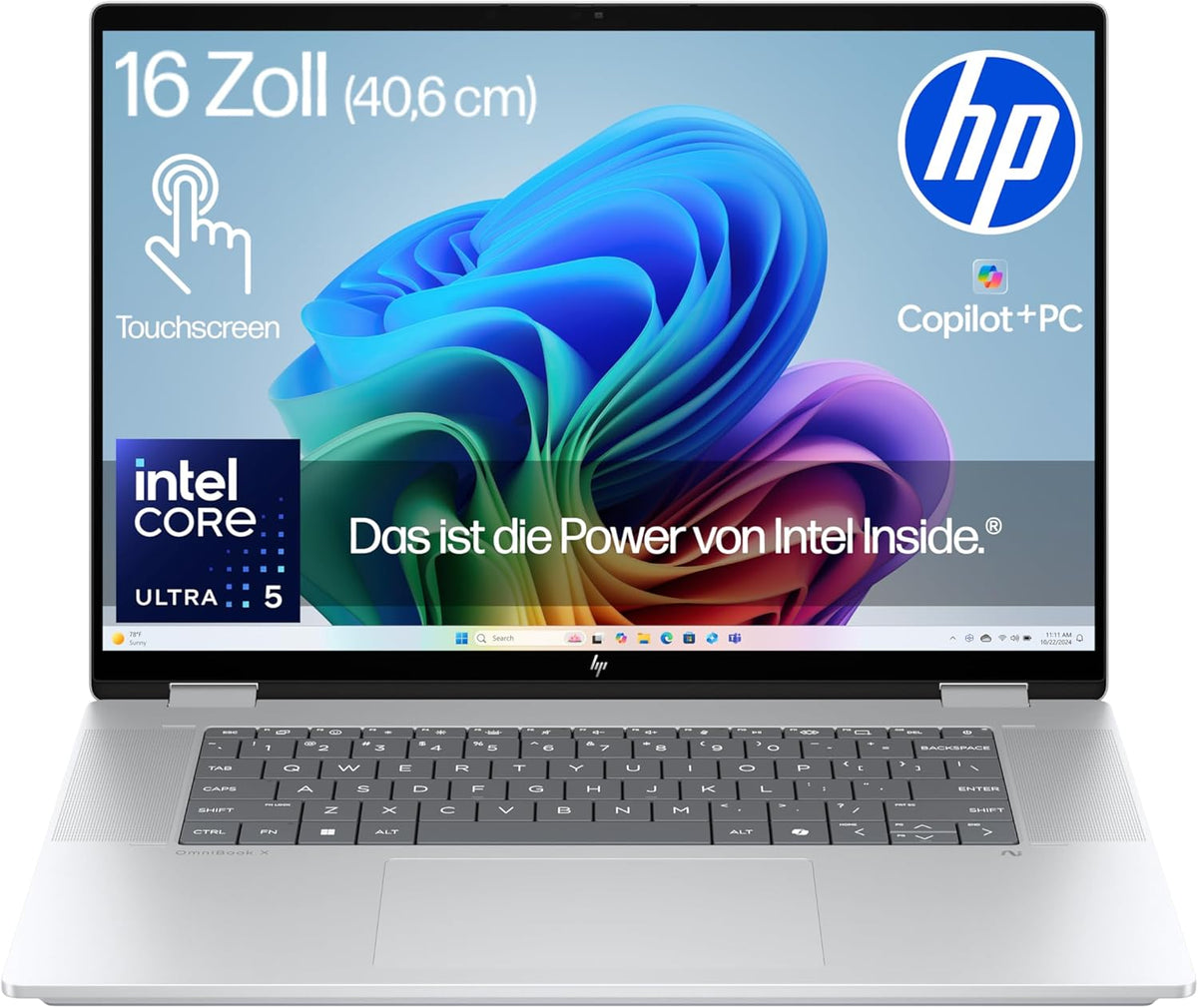 HP OmniBook X Flip NG AI 16 as0253ng 2in1 Laptop - Intel Core Ultra 5 226V mit 40 NPU TOPS - 16 GB LPDDR5X 512 GB SSD - 16 Zoll 2K Touch Windows 11 QWERTZ Silber