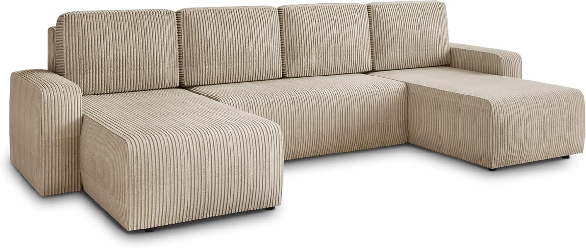 Sofnet Roma Wohnlandschaft U Form mit Schlaffunktion - 7 Sitzer Cord Sofa mit Bettkasten - Big Sofa 305 x 150 x 90 cm - Beige Poso 100