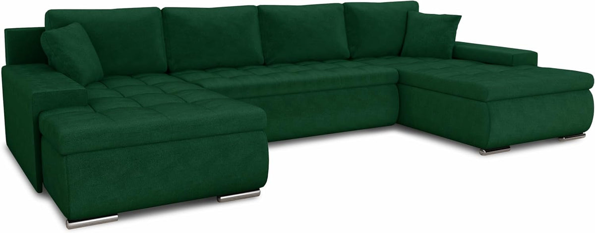 Sofnet Faris U Form Wohnlandschaft - Schlafsofa für 7 Personen mit Bettkasten - Große Couch mit Bettfunktion und Polyester Bezug - Grün Kronos 19