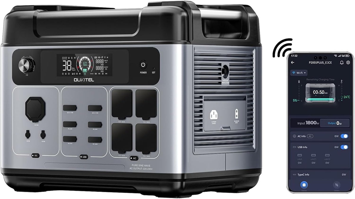OUKITEL P2001 Plus Powerstation 2048 Wh - 2400 Watt Ausgang 4800 Watt Spitze 4 AC Anschlüsse - LiFePO4 Schnellladung 1 Stunde - Grau
