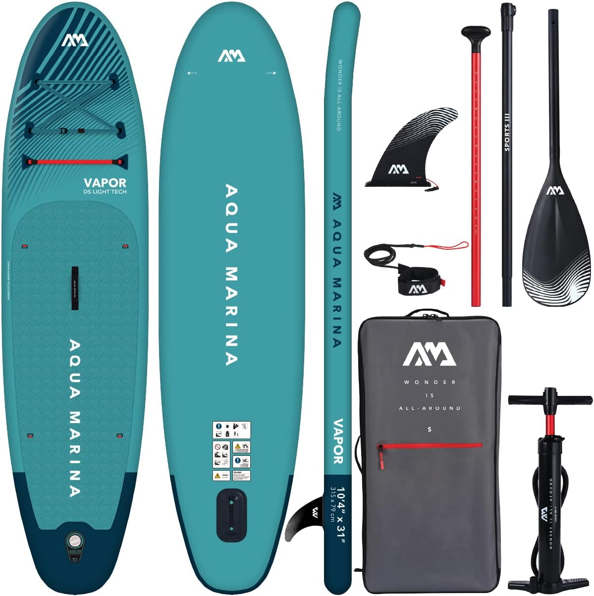 Aqua Marina Vapor SUP Board - Aufblasbares Stand Up Paddle Board Set mit Paddel Leash Rucksack und Pumpe - Türkis Allround Paddleboard
