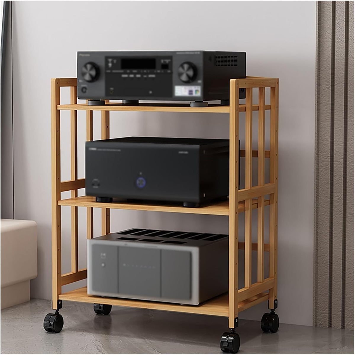 Mobiler Audio Video Ständer - 3 Ebenen für DVD CD Plattenspieler Stereo - Verstellbare Regale mit Rollen - Medienmöbel für Wohnzimmer Büro