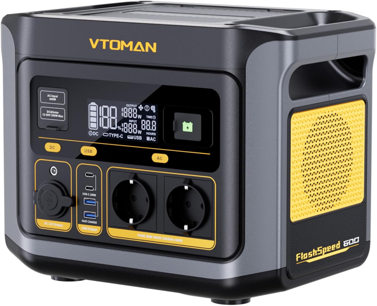 VTOMAN FlashSpeed 600 Powerstation 499 Wh - 600 Watt Ausgang 1200 Watt Spitze LiFePO4 - 100 Watt USB C Schnellladung - für Camping Wohnmobil