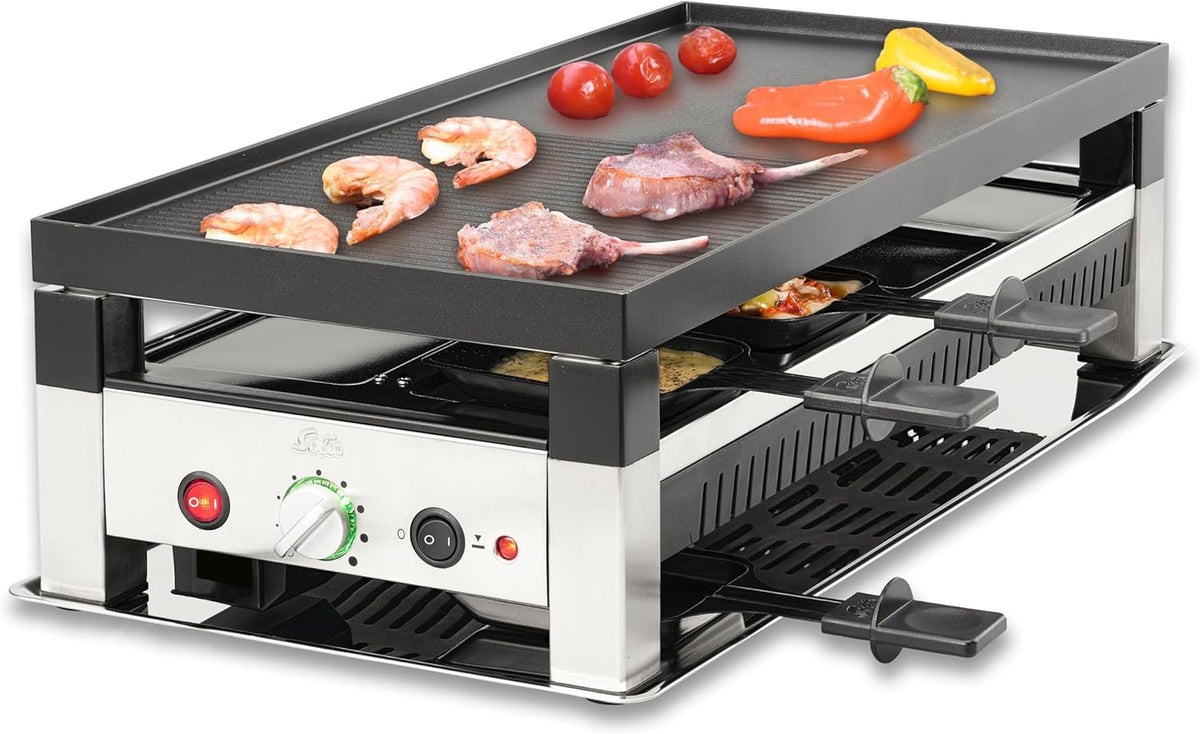 Solis 5 in 1 Table Grill 791 Raclette 1400 W - Für 8 Personen - Raclette Wok Pizza Grill und Crepes - Edelstahl Tischgrill mit Temperatursteuerung