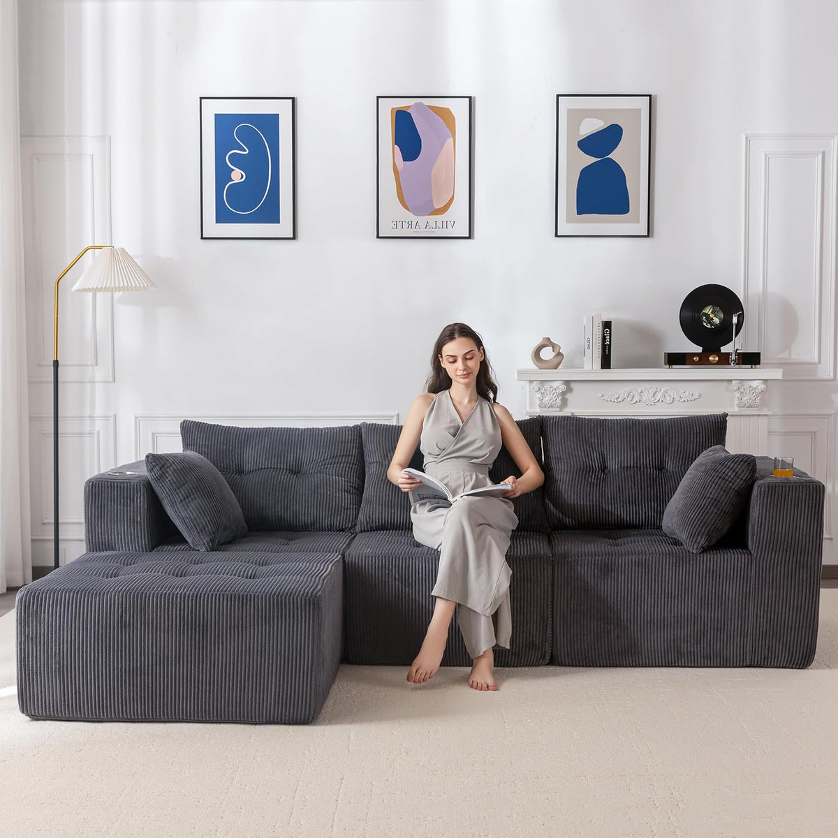 MAXYOYO Modulares Schlafsofa - 254 x 90 x 67 cm für 3 Personen - Grauer Corduroy mit Becherhalter - Umbaubar in L Form und Doppel Schlafsofa