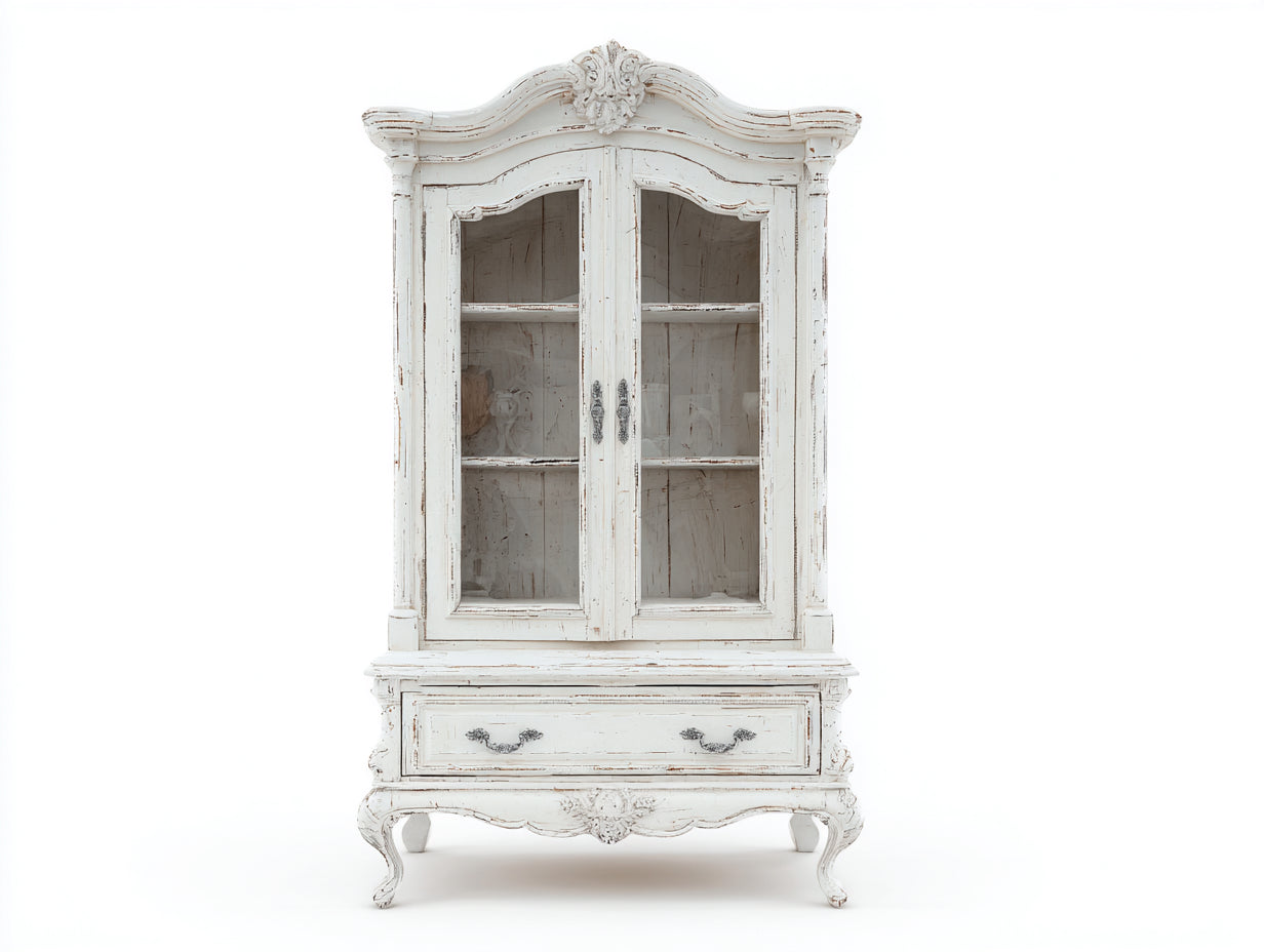 Vitrine aus Holz und Glas 105 x 48 x 190 cm - Antikweiß - 2 Glastüren und 1 Schublade mit Verzierungen im klassischen Landhausstil