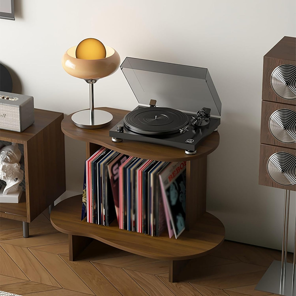 Plattenspieler Ständer aus Holz - Aufbewahrung für Schallplatten CDs Bücher und Zeitschriften - offene Fächer für bis zu 40 Vinylplatten - Braun