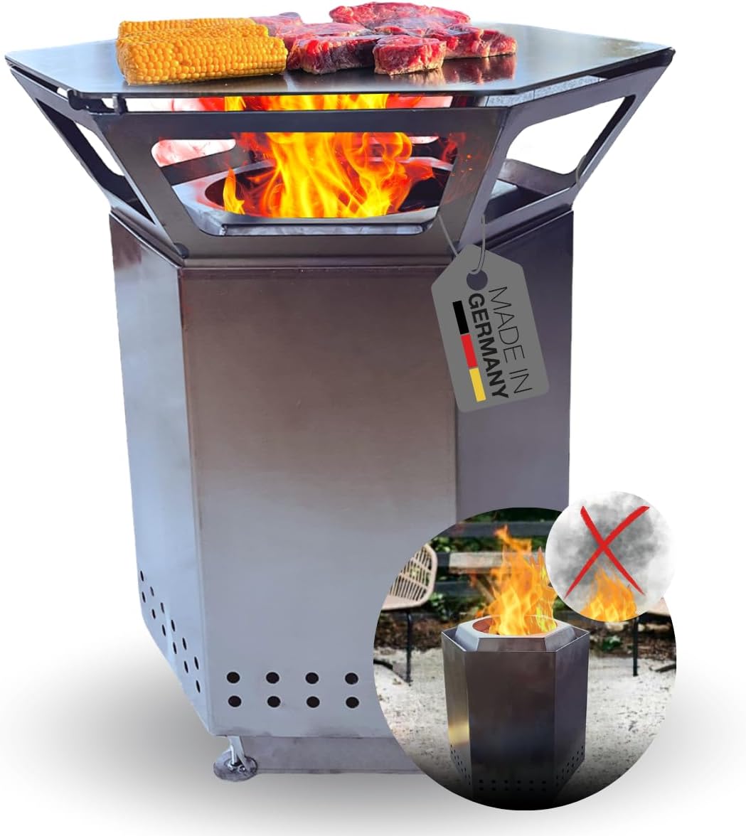 Terma Smofree 2.0 XXL Feuerstelle 75 x 88 cm - Edelstahl mit Feuerplatte - Raucharmer Holzkohlegrill und Feuerkorb - Made in Germany für Terrasse und Garten