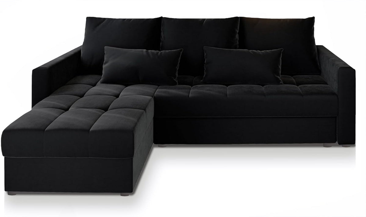Masseno KOS PIK Ecksofa 220 x 140 x 85 cm - 3 Sitzer Schlafcouch mit Bettkasten - 71 cm tiefe L Form Couch - Kronos 07 Schwarz