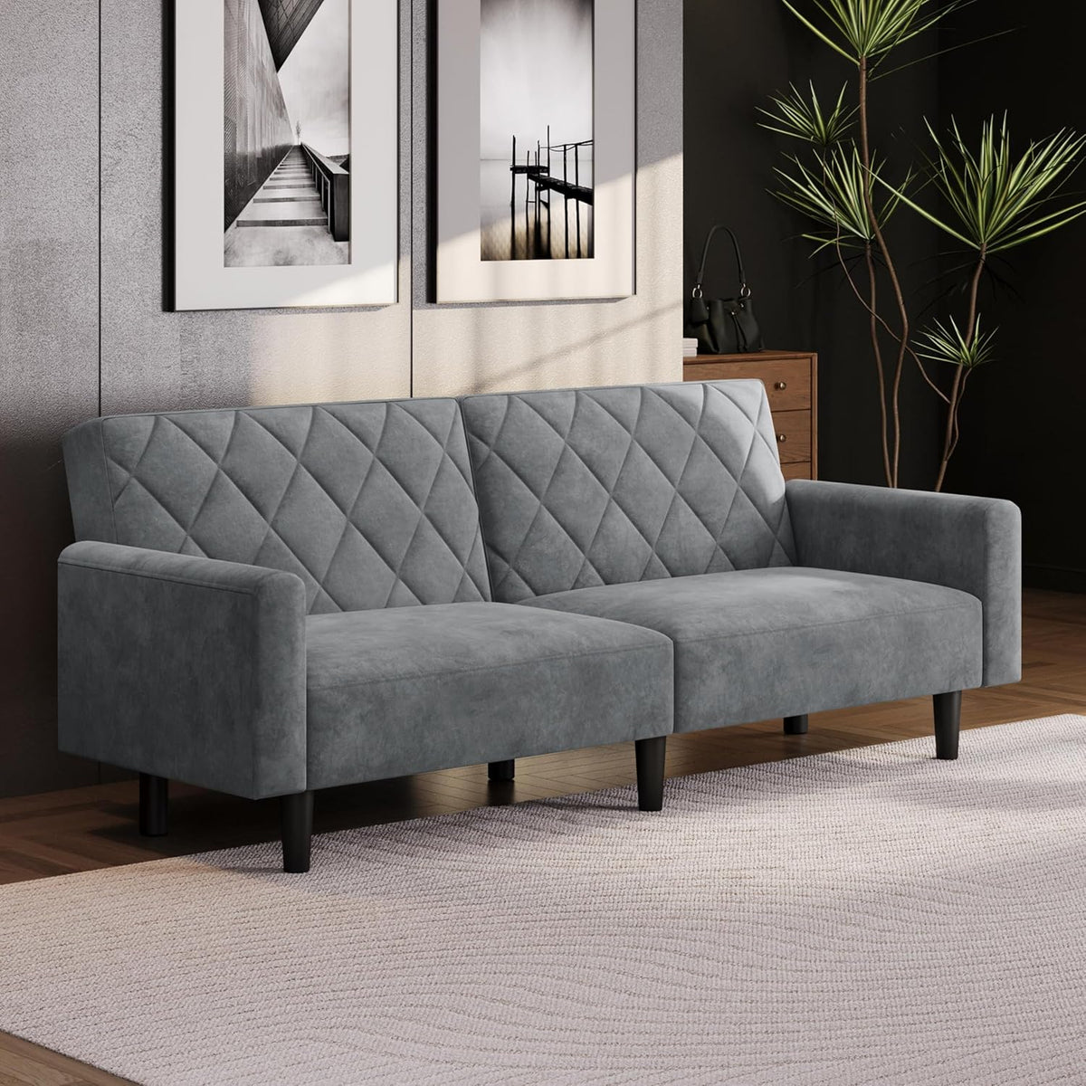 Yaheetech Schlafsofa 2 Sitzer 159 cm - Samt Schlafcouch mit 140,5 x 94 cm Liegefläche - Sofabett für Wohnzimmer Schlafzimmer - Dunkelgrau