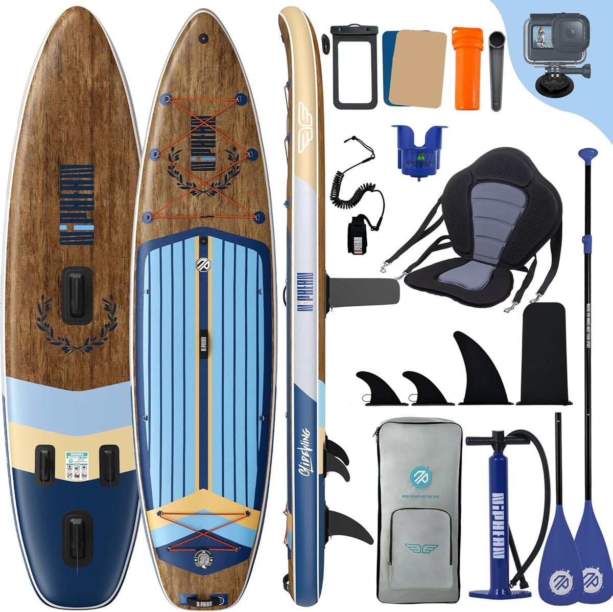 Extra großes Stand Up Paddle Board - aufblasbares SUP aus PVC in Cobalt - mit Balancierflügel für mehr Stabilität - inklusive wasserdichter Handyhülle