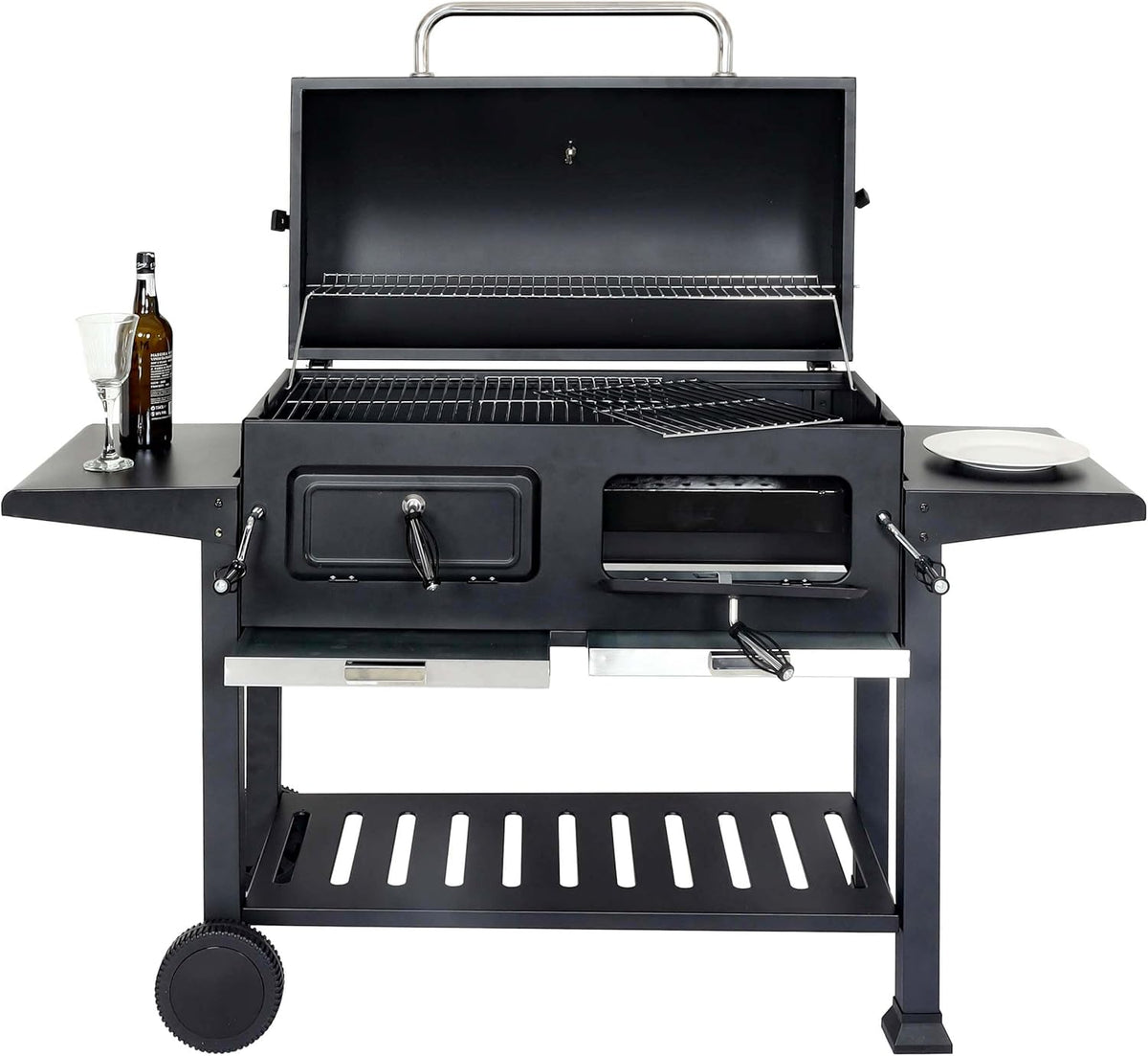 HWC K94 Holzkohlegrill Grillwagen - BBQ Gartengrill mit Deckel und Ablage - Stahl Emaille Schwarz