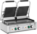 Royal Catering RCPKG 3600 M Doppel Kontaktgrill 3600 W - Geriffelte und glatte Gusseisenplatten - Temperatursteuerung - Edelstahl Elektrogrill mit Reinigungsbürste Silber