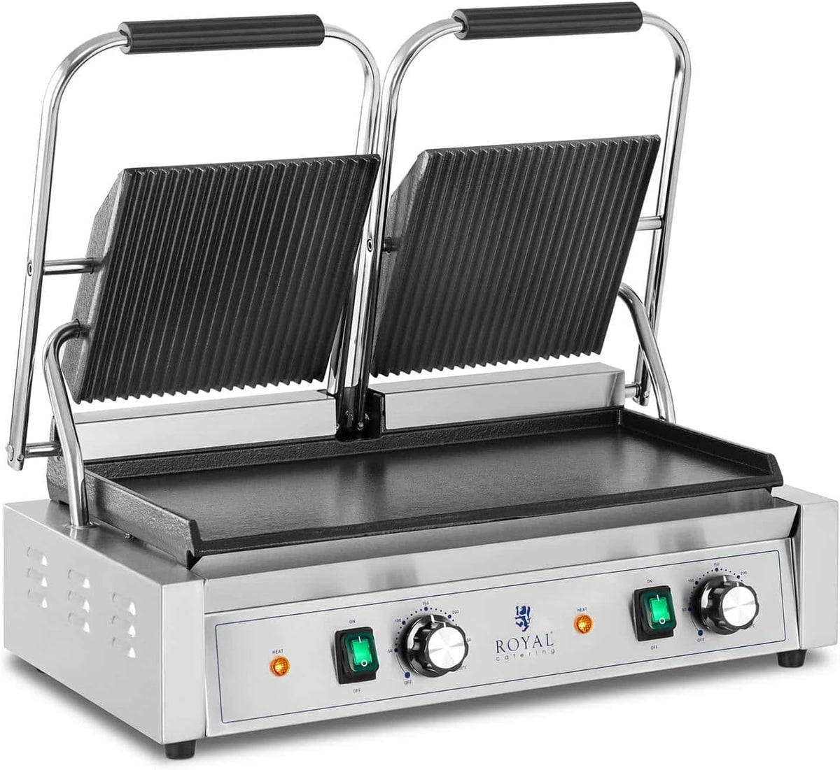 Royal Catering RCPKG 3600 M Doppel Kontaktgrill 3600 W - Geriffelte und glatte Gusseisenplatten - Temperatursteuerung - Edelstahl Elektrogrill mit Reinigungsbürste Silber