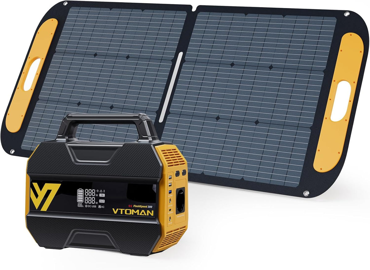 VTOMAN FlashSpeed 300 Powerstation 230 Wh - 300 Watt Ausgang 600 Watt Spitze mit 110 Watt Solarpanel - LiFePO4 3000 Zyklen USB C 100 Watt