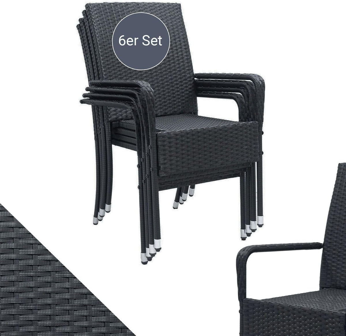 Juskys Yoro Gartenstühle 6er Set - Polyrattan Stühle mit Armlehnen und Rückenlehne - Stapelbare Gartenstühle - Rattan Stapelstuhl Schwarz