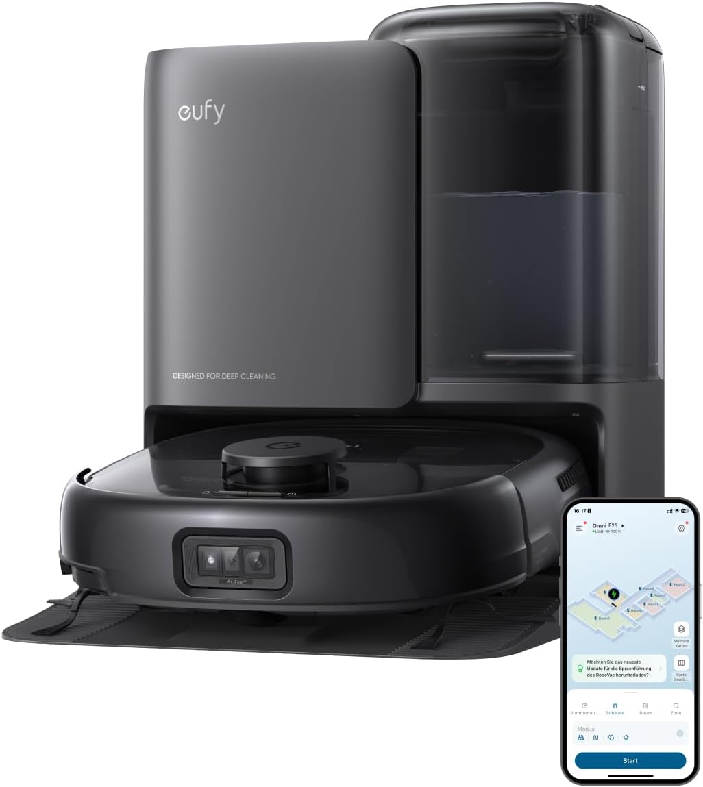 eufy Omni E25 HydroJet Saugroboter 20000 Pa mit Wischfunktion - DuroSpiral Entwirrbürsten - CornerRover Arm für Ecken - All in One Station für Teppich und Hartboden Schwarz