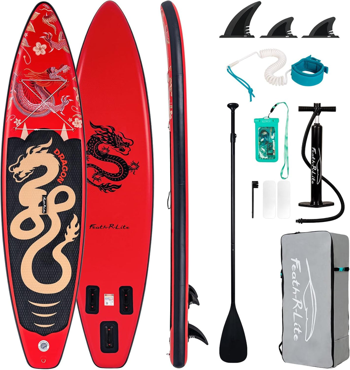 FEATH R LITE Aufblasbares SUP Board - Stand Up Paddle Board Set mit Handpumpe Rucksack Leash und verstellbarem Paddel - Erwachsene Wassersport Board