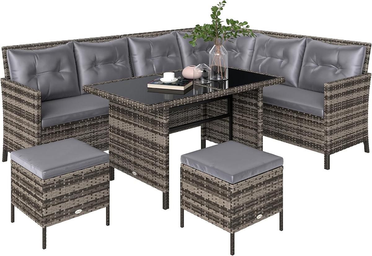 Outsunny Gartenmöbel Set - 6 teiliges Polyrattan Lounge Set - Sitzgarnitur und Sofagarnitur für Garten und Terrasse - Moderne Sitzgruppe Grau