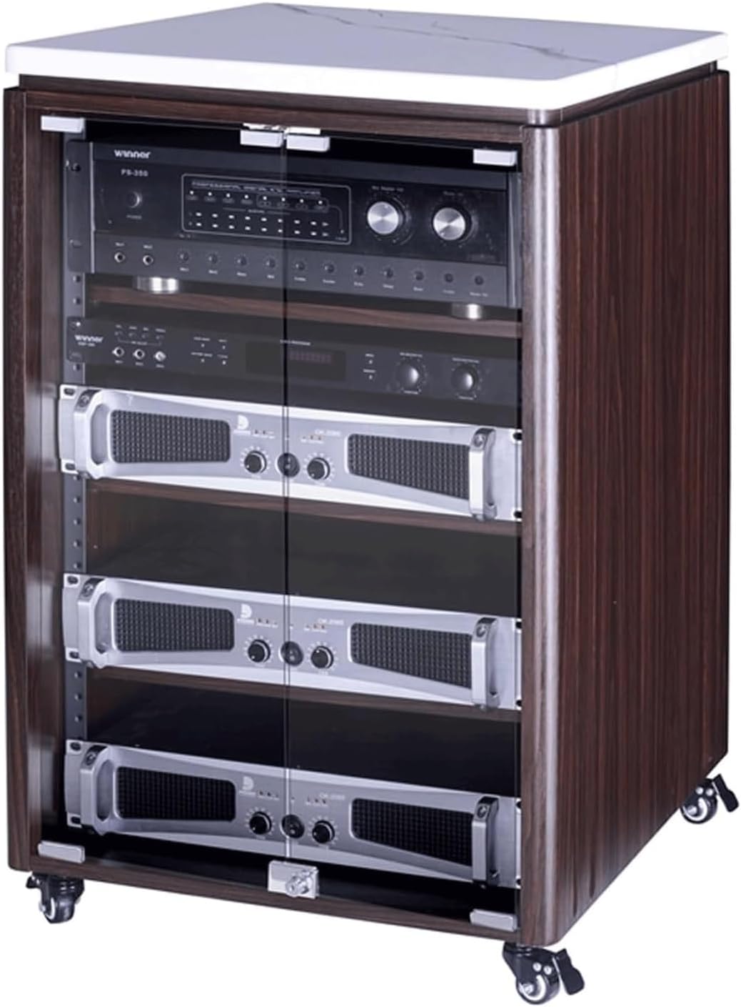 Moderner AV Medienständer 4 Ebenen - Stereo Schrank aus Holz mit Rollen - Verstellbare Regalböden - Mobiles HiFi Rack für Audio und Media Geräte