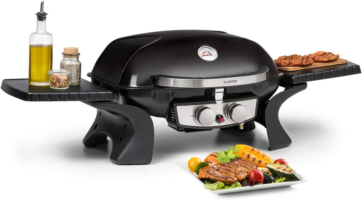 Klarstein Parforce Duo Gasgrill 4,4 kW - 2 Brenner mit elektrischer Zündung - Grillfläche 50 x 39 cm bis 300 Grad - Edelstahl Gasgrill für Butan und Propan Schwarz