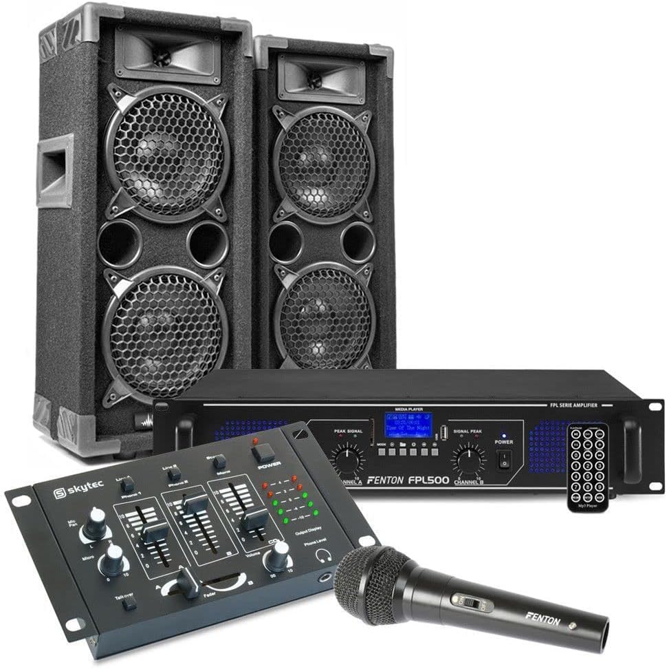 MAX26 PA Komplett Set 1200 Watt - DJ Lautsprecher Verstärker Mischpult und Mikrofone - Bluetooth und USB Karaoke Set - Schwarz Blau