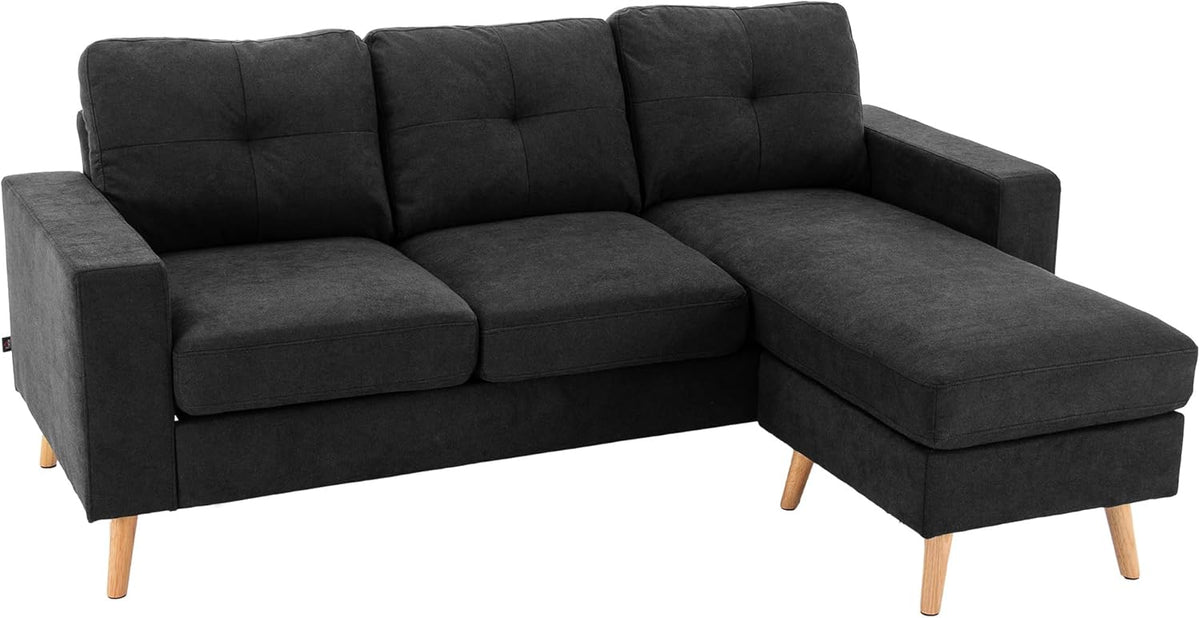 HOMCOM Ecksofa L Form 193 x 136 x 85 cm - 3 Sitzer mit veränderbarer Chaiselongue - Leinenoptik Knopfheftung - Schwarz