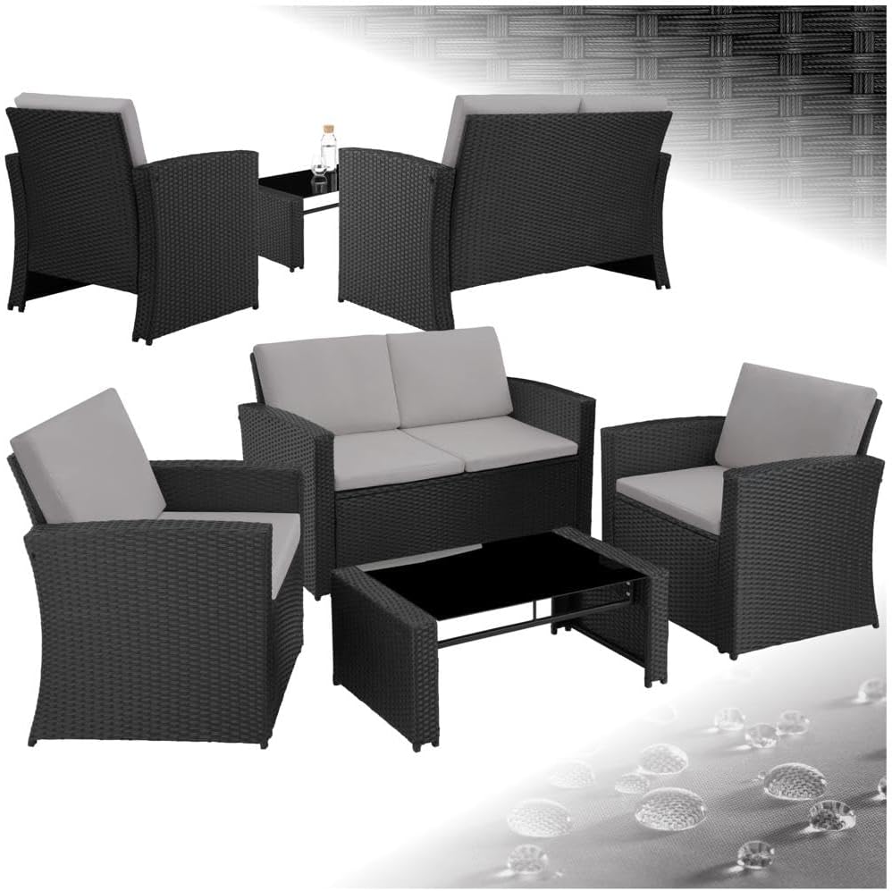 tectake Lounge Gartenmöbel Set - 12 teiliges Poly Rattan Garten Lounge Set für 4 Personen - Outdoor Sofa Sessel und Tisch - Wetterfeste Essgruppe Schwarz Grau