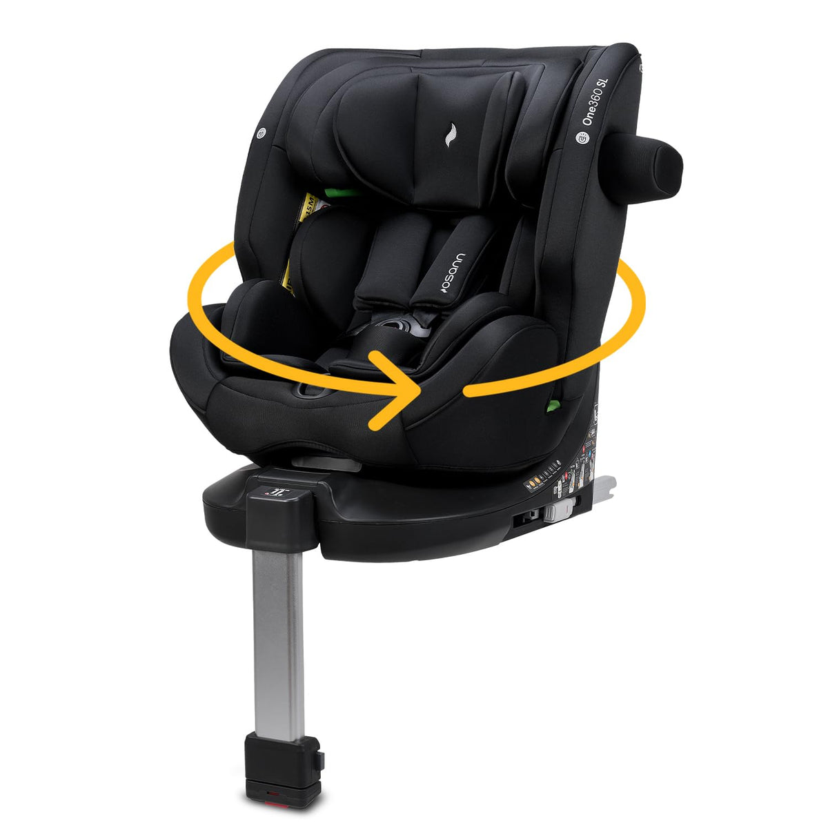 Osann One360 SL i Size Kindersitz 40 bis 150 cm - 360 Grad drehbarer Reboarder - ISOFIX mit Standfuß - Mitwachsender Baby Autositz All Black