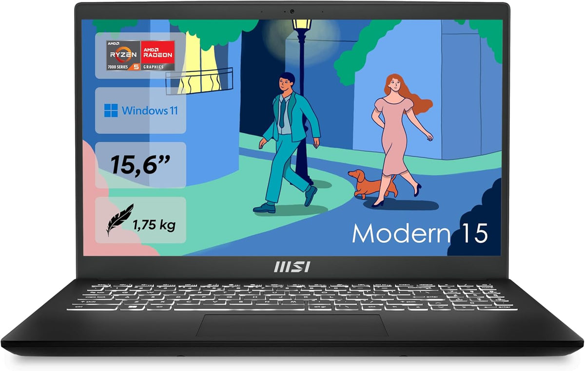 MSI Modern 15 B7M-463 Business Laptop - 15,6 Zoll Full HD Display und Ryzen 5 7430U - 16 GB DDR4 RAM und 512 GB SSD - AMD Radeon Grafik Windows 11 Home Schwarz