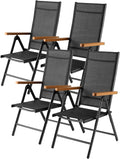 LIFERUN Gartenstühle 4er Set Aluminium Hochlehner - 7 fach verstellbare klappbare Rückenlehne - WPC Armlehnen bis 120 kg - Schwarz Teakbraun