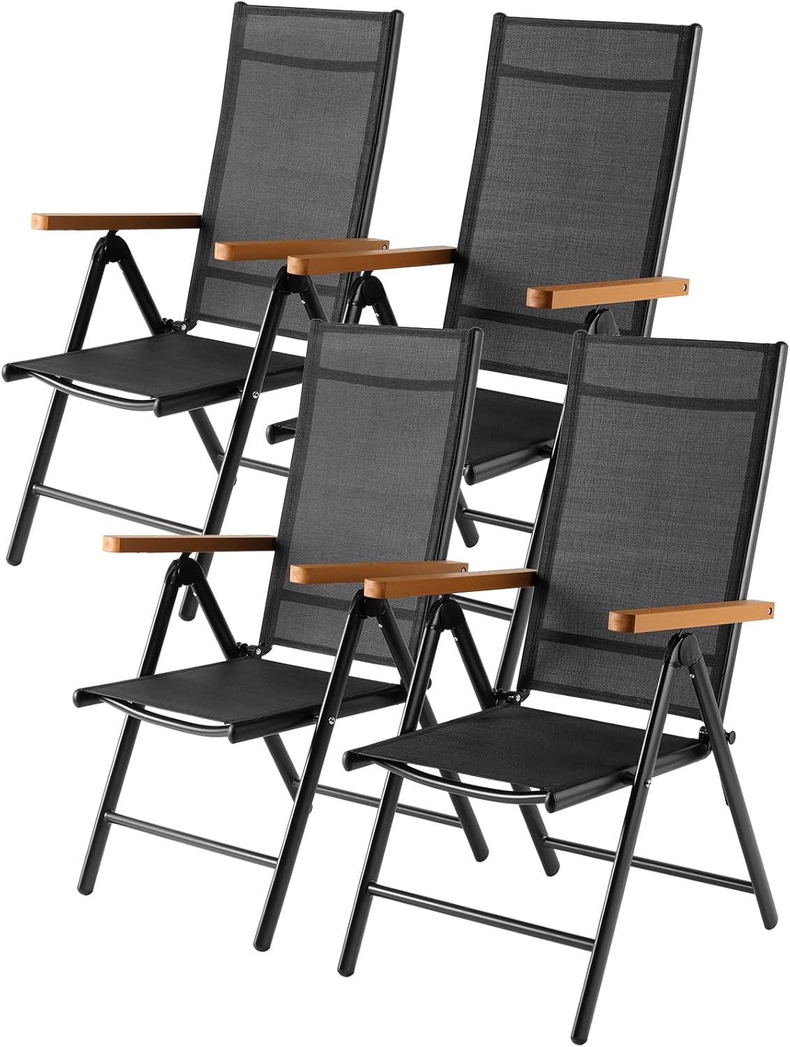 LIFERUN Gartenstühle 4er Set Aluminium Hochlehner - 7 fach verstellbare klappbare Rückenlehne - WPC Armlehnen bis 120 kg - Schwarz Teakbraun